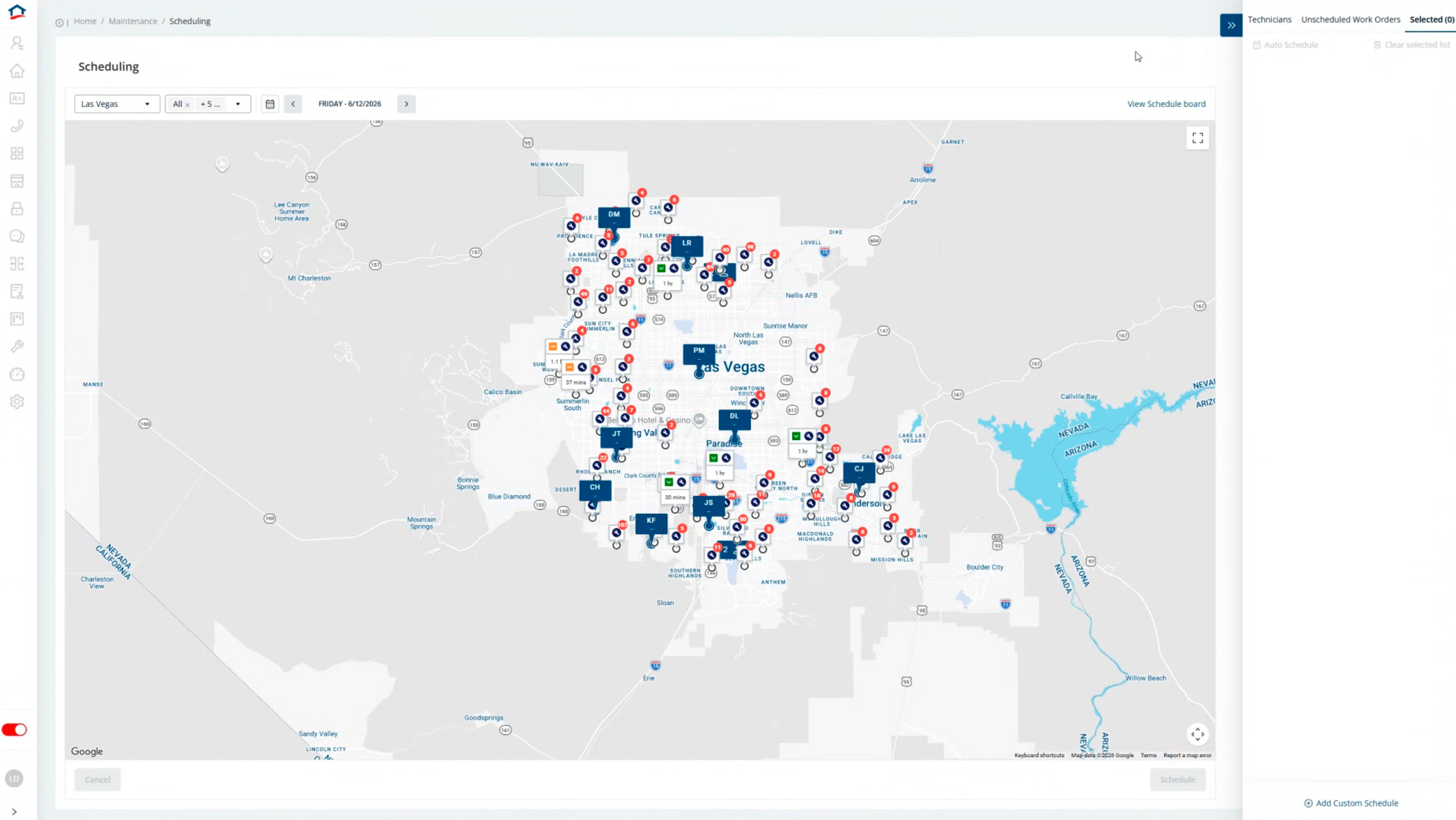 AMH Scheduling workspace with route-aware schedule controls for revising a technician’s day